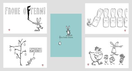 Postkarten für die Osterzeit. Mit Osterhasen und einer witzigen Aussprache, etwas mies gelaunt und gegen Plastemist.